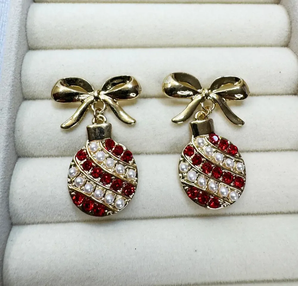 Christmas Ornament Bow Earrings Gold Tone Red Rhinestone Faux Pearl Posts 1.5